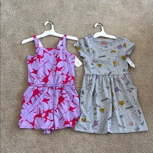 Cat & Jack Pink Leaf Romper and Gray Patterned Dress Set
